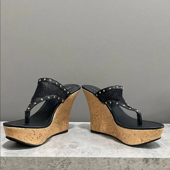 VENUS Black and Tan Beaded Mesh Wedge Sandals Size 8 - Picture 5 of 13